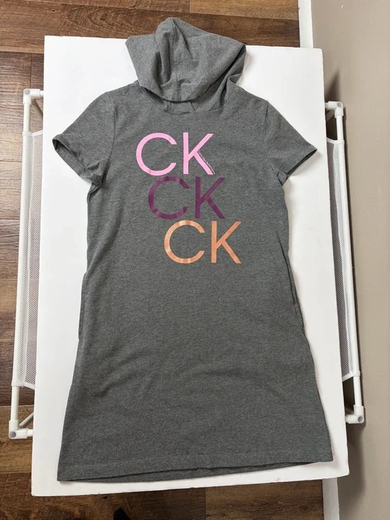 Calvin Klein Performance Gray Hooded Sweatshirt Dress CK Logo Girl XL/16 Pockets - Picture 9 of 16